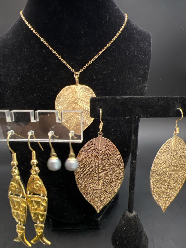 14K Pearl Earrings Gilt Earrings Leaf Necklace