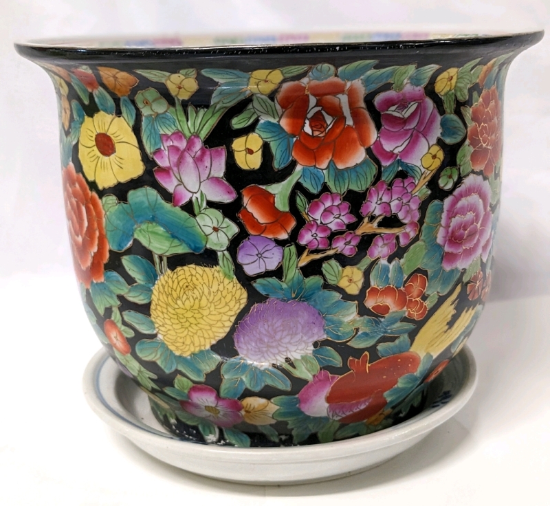 Gorgeous Floral Chinese Flower Pot w Drainage Hole & Bottom Plate