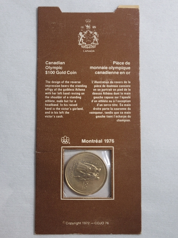 1976 Canadian 1/4 Oz. Gold $100 Coin , Montreal Olympics $100 Gold Coin