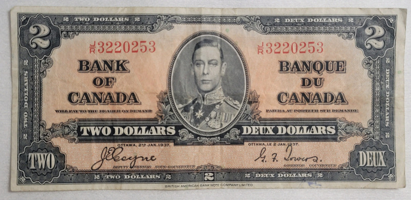 1937 Canadian Bank of Canada $2 Two Dollar Bank Note