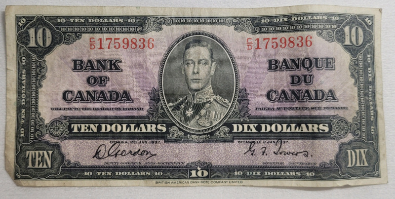 1937 Canadian Bank of Canada $10 Ten Dollar Bank Note