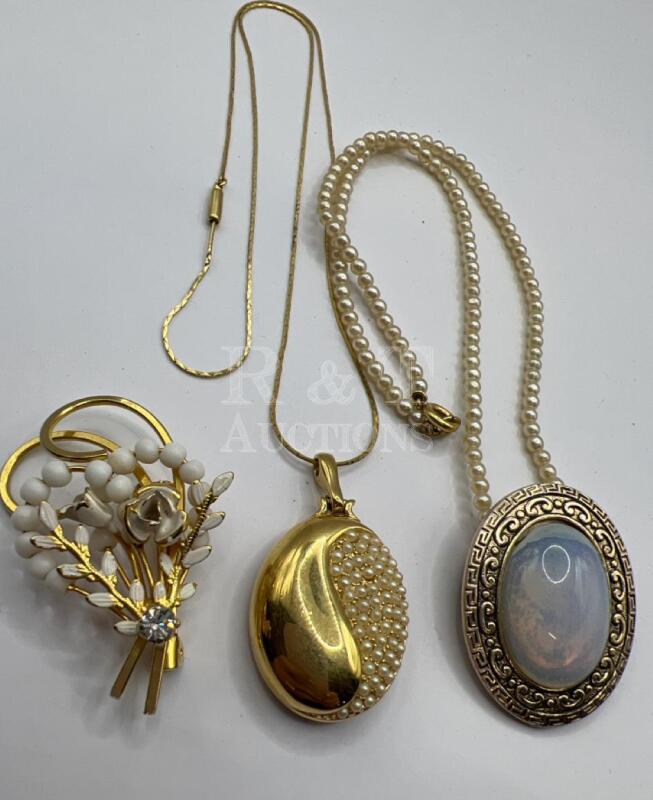 Austria Brooch white enamel Gold tone pearl Locket and Glass Moonstone necklaces