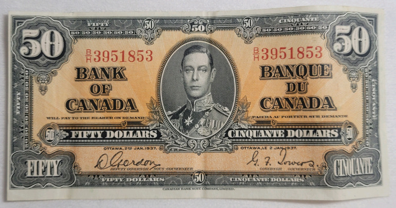 1937 Canadian Bank of Canada $50 Fifty Dollar Bank Note