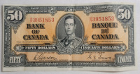 1937 Canadian Bank of Canada $50 Fifty Dollar Bank Note