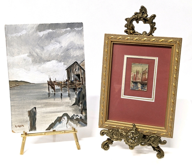 1 Small Vintage Signed Painting & 1 Ultra Small Framed Painting, both on Small Metal Easels