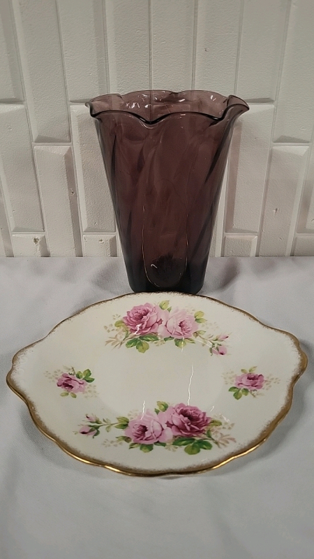 Royal Albert Plate & Violet Glass Vase