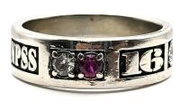 Gorgeous 10K White Gold Ring Jostens with Diamond, Ruby & Engraved Name: Size 9.