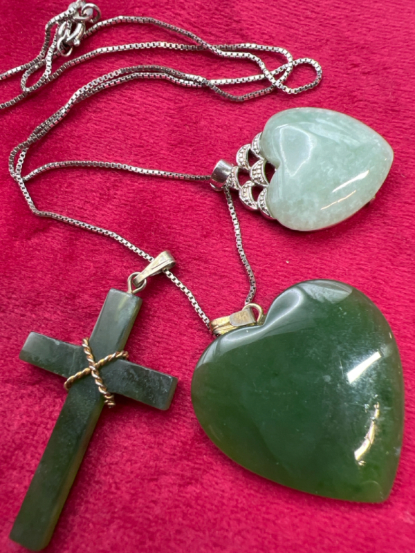 925 Sterling Italy Box Chain Sterling Jadeite Heart & Cross Heart Pendants