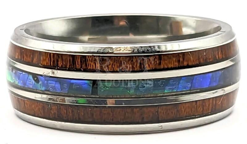 Stunning Tungsten Style Ring w Wood & Abalone Inlay Size 6.