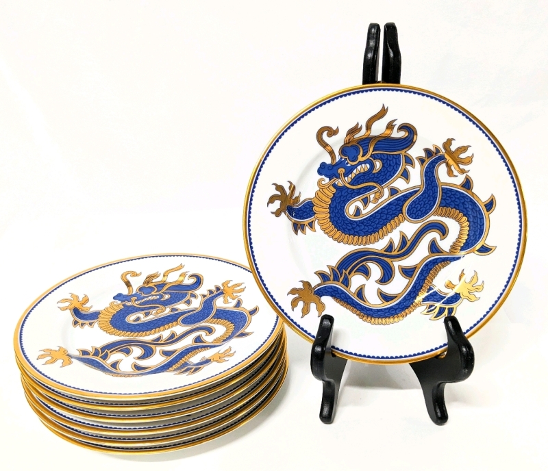 7 Fitz and Floyd Fine Porcelain " Ching Dragon " (Blue) Salad Plates