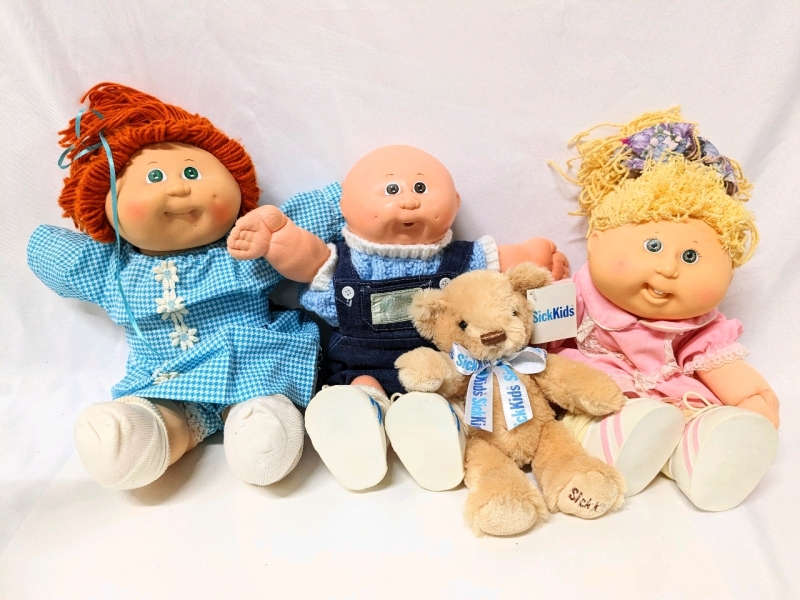 3 Vintage Cabbage Patch Kids Dolls + New Sick Kids Teddy