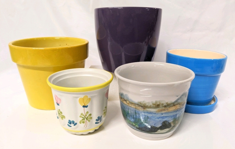 5 Ceramic Plant Pots incl Handpainted Portugal & Highland Stoneware Scotland