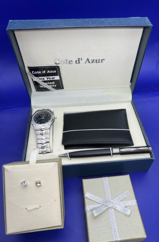 Cote d' Azur Watch Set Wallet Pen in Black Chrome Earrings