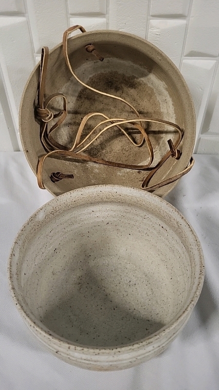 2 Pottery Bowls - 1 with Leather Straps For Hanging