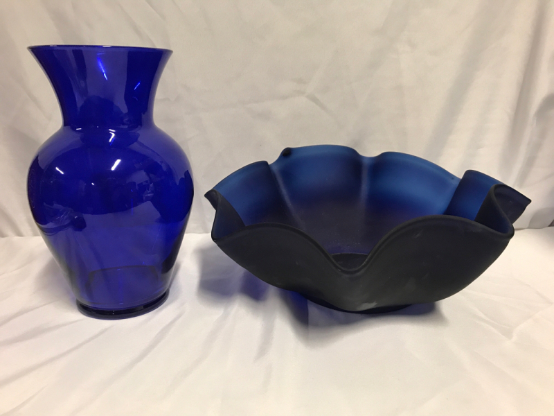 Cobalt Blue Glass Vase & Hand Blown Bowl