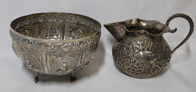 India / Burmese Silver Tone Creamer & Footed Bowl . No Hallmarks & Non Magnetic