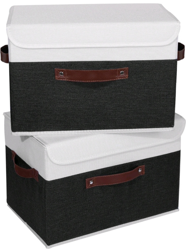 ANMINY 2pc. Fabric Storage Bins with Lid & Leather Handles . New