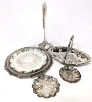 Plentiful Silver Plated Vintage Plates, Ladle, Handled Tray +