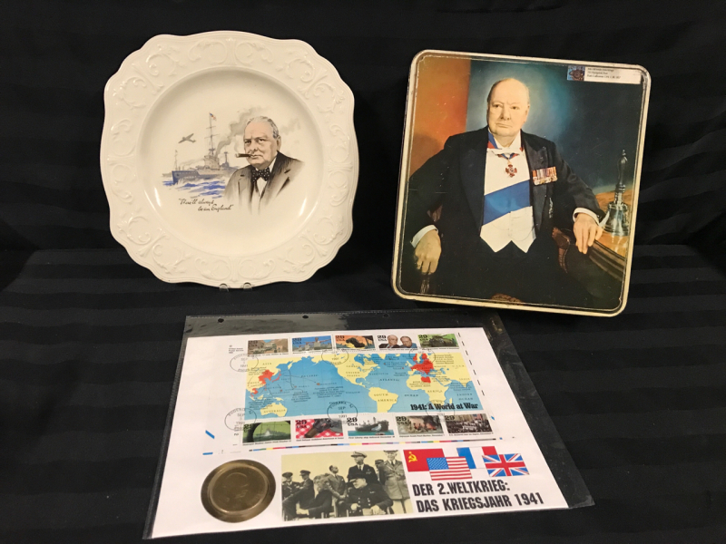 Vintage Winston Churchill Memrobilia Tin Plate & Medalion