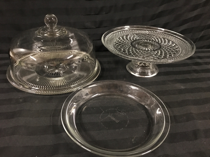 2 Glass Cake Plates & Pyrex Pie Plate