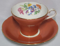 Aynsley Corset Shape Burnt Orange Red Cup & Saucer , Cup and Saucer Ring True