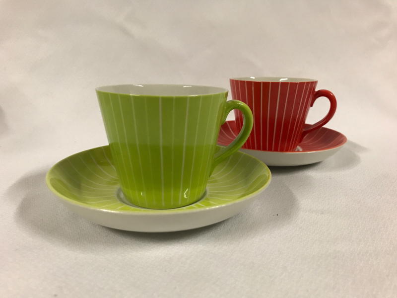 Pr Mid Century Modern Cups & Saucers Orange Stripe & Lemon Stripe by Upsala Ekeby made in Sweden cup 2.5 inches tall