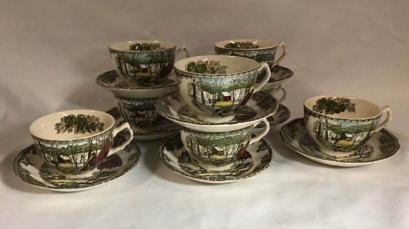 8 Johnson Bro England Friendly Village Tea Cups & Saucers