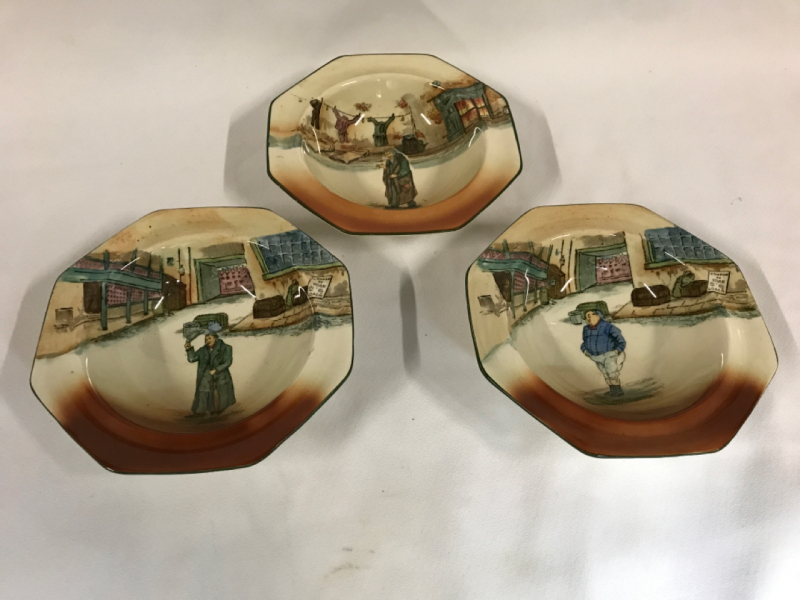 3 Royal Doulton England Dickens Ware Bowls The Fat Boy Mr Squeers Fagin each 6.5 inches wide