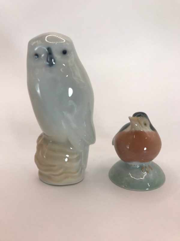 2 Royal Copenhagen Robin 2238 & Owl Figurines made in Denmark 1 3/4 to 3 1/4 inches tall