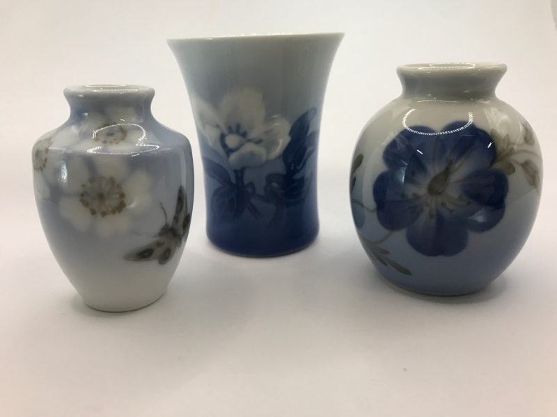 3 Royal Copenhagen Miniature Vases made in Denmark 2 1/4 to 3 inches tall