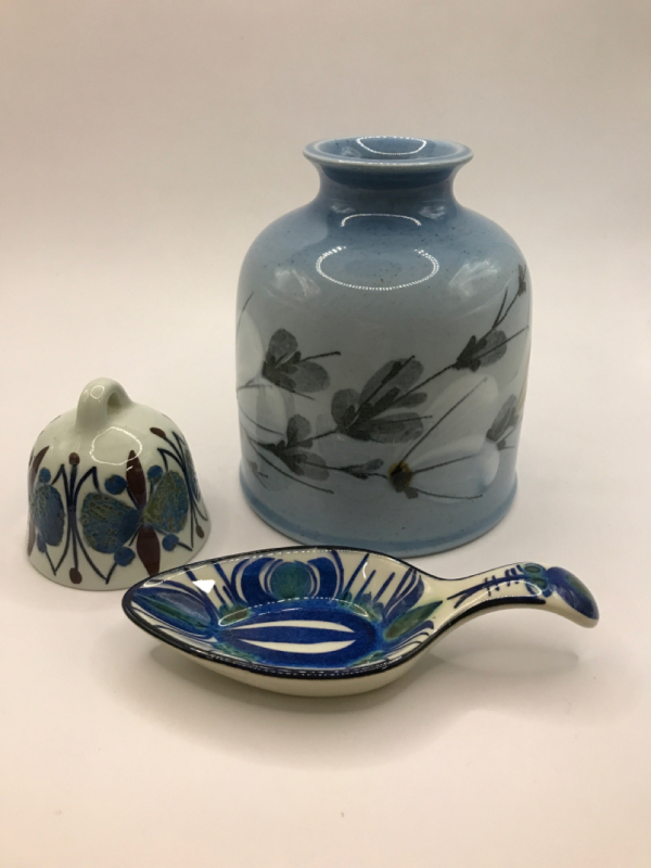 Royal Copenhagen Denmark Fajance Bell 2 1/4 in Spoon Rest 4 3/4 in & Fajance Vase 5 inches tall