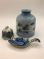Royal Copenhagen Denmark Fajance Bell 2 1/4 in Spoon Rest 4 3/4 in & Fajance Vase 5 inches tall