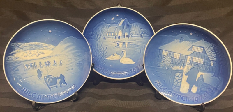 3 Bing and Grondahl plates , made in Denmark , Christmas In The Village Plate , Country Christmas Limited Edition Plate , Christmas in Greenland Plate