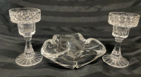 Val St . Lambert Crystal Ashtray and 2 Tyrone Crystal Candlesticks