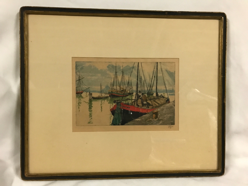 Hans Figura Original Color Etching Evening In The Harbour Australian Artist