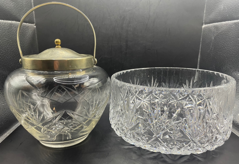 Crystal Bowl and Antique Cut Glass Silverplate Biscuit Barrel