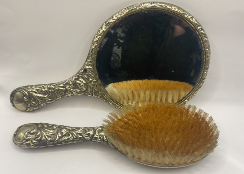 Antique Art Nouveau Repousse Silverplate Brush and Hand Mirror with Cherubs and Flowers