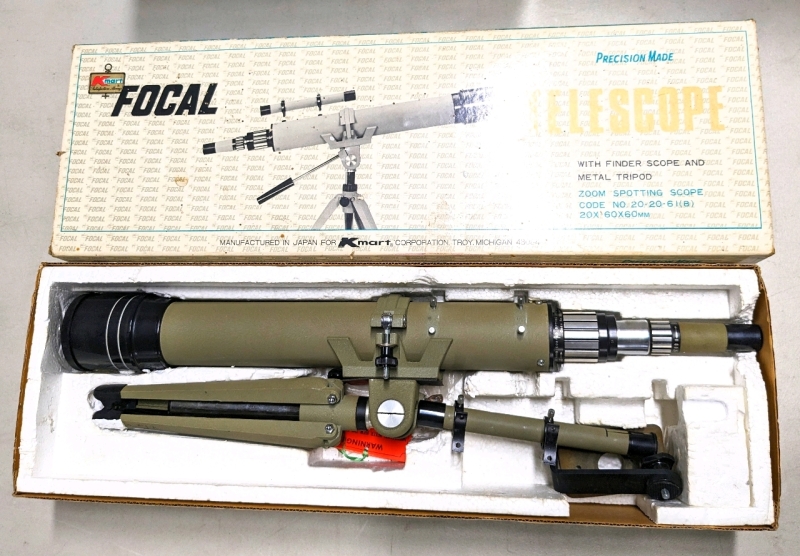 Vintage K-Mart Focal Precision Made Telescope with Finger Scope, Metal Tripod + Original Box