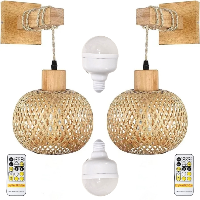 Pair of Rustic Bamboo Wicker & Wood Hanging Lamps with Rechargeable Lightbulbs & Remote Controls