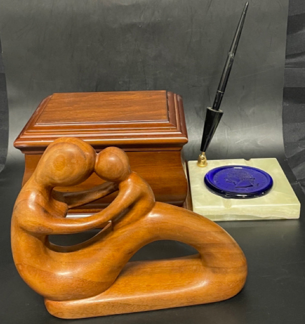 Fountain Pen Desk set with Marble base and Vintage George Washington ( 1732 - 1799) Blenko Cobalt Blue Glass Pressed Glass Paperweight. No chips or cracks. Wooden Figurine of mother and child by R. Harry 2001. Bombay and Co 2009 keepsake or jewelry box.