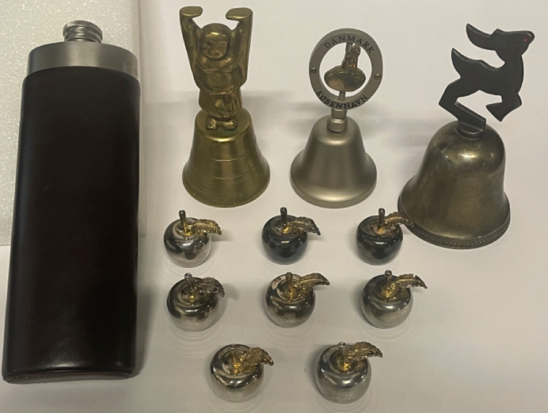 3 working bells and leather case flask and 8 decorative apples