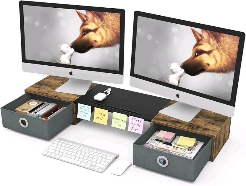 New Rustree Dual Monitor Stand Riser with Two Drawers.