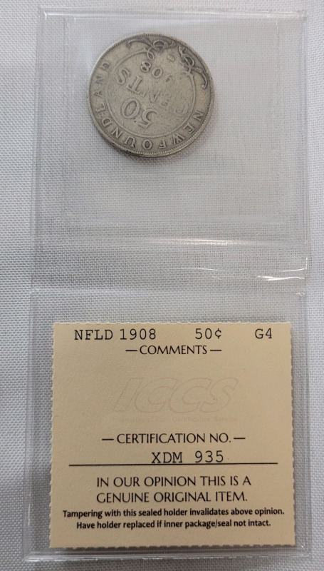 1908 Newfoundland Silver 50 Cent Half Dollar Coin . ICCS Graded G4