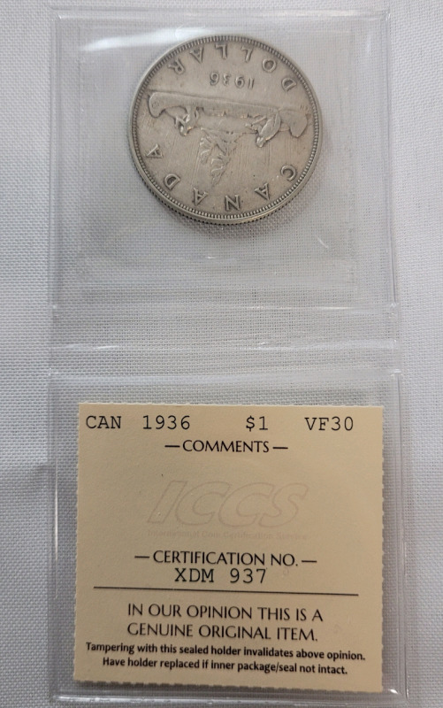 1936 Canadian Silver One Dollar Coin . ICCS Graded VF30