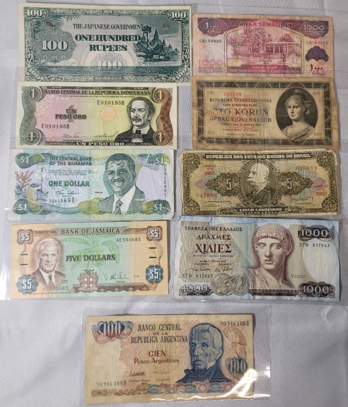 World Bank Note Currency Lot . Argentina , Greece , Brasil , Slovakia , Caribbean Islands