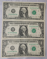 1988 USA One Dollar Bank Notes with Consecutive Numbers - 3 Bank Notes