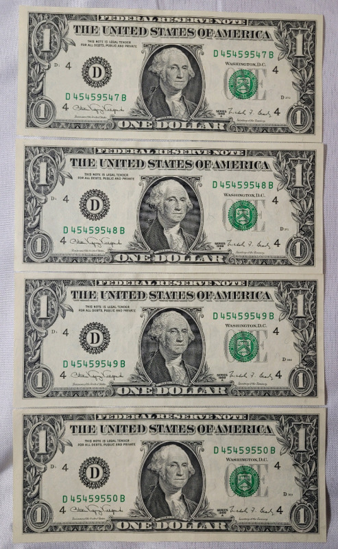 1988A USA One Dollar Bank Notes with Consecutive Numbers - 4 Bank Notes