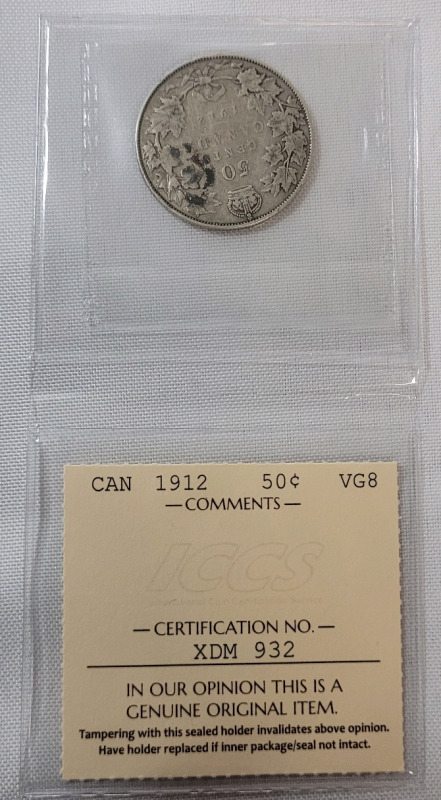 1912 Canadian Silver 50 Cent Half Dollar . ICCS Graded VG8