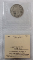 1912 Canadian Silver 50 Cent Half Dollar . ICCS Graded VG8