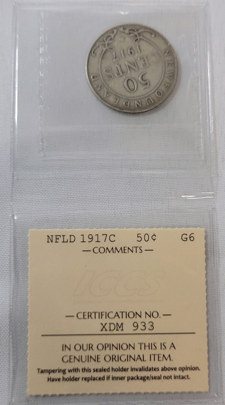 1917 C Newfoundland Silver 50 Cent Half Dollar . ICCS Graded G6